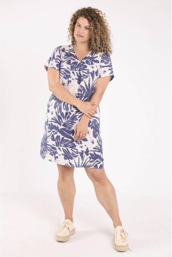 Paprika linnen korte jurk Plus Size met print blauw