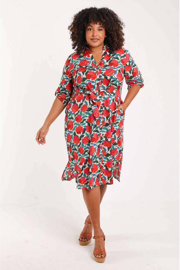 Paprika viscose gebloemde blousejurk met ceintuur Plus Size rood