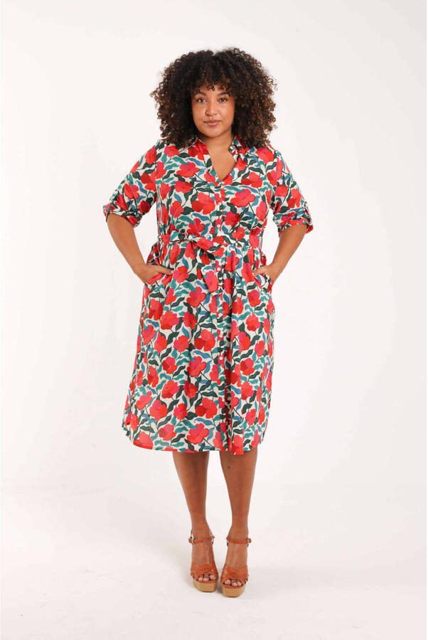 Paprika viscose gebloemde blousejurk met ceintuur Plus Size rood - Foto 3