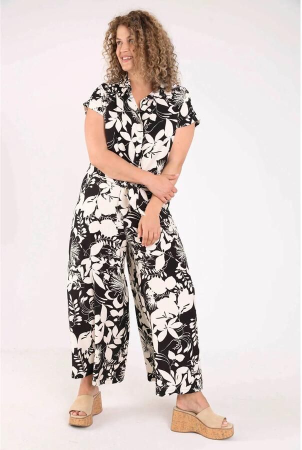 Paprika wide leg viscose broek met print Plus Size zwart
