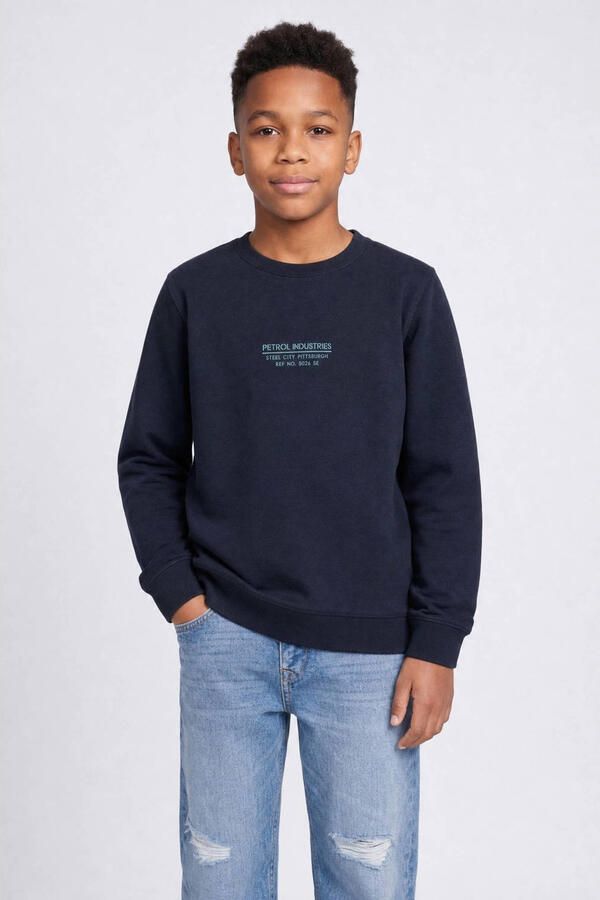 Petrol Industries rechtvallende sweater met print marineblauw Printopdruk