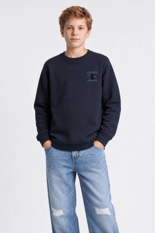 Petrol Industries rechtvallende sweater met print marineblauw Printopdruk