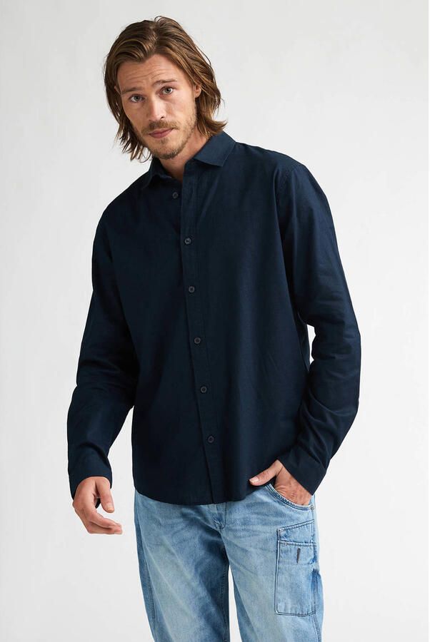 Petrol Industries regular casual overhemd met linnen donkerblauw