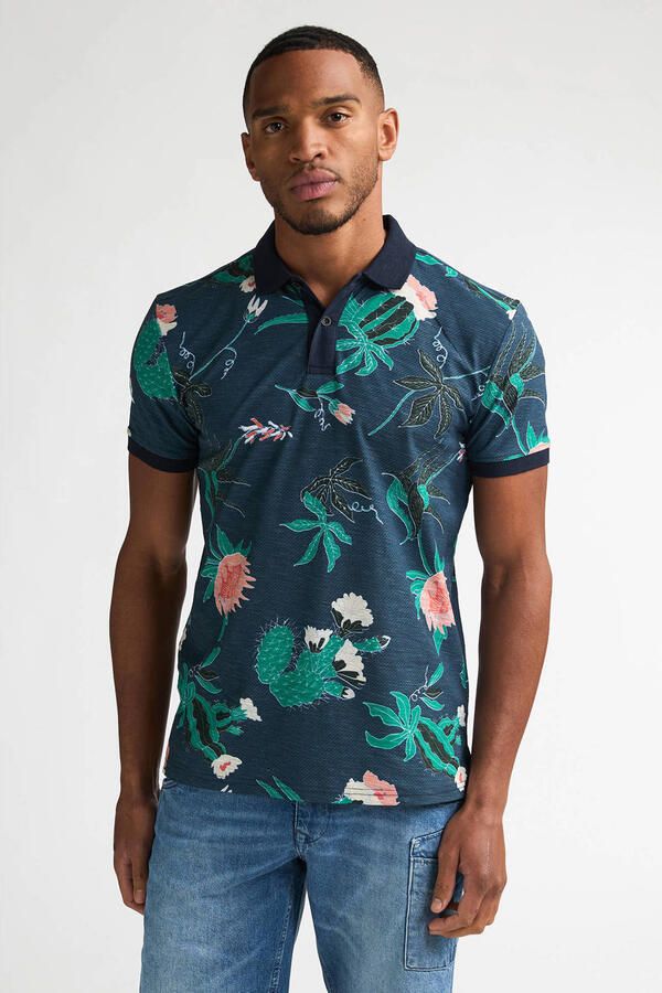 Petrol Industries regular gebloemde polo donkerblauw