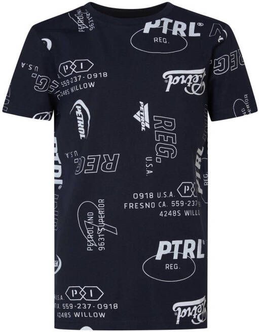 Petrol Industries T-shirt met all over print donkerblauw wit
