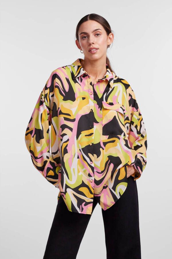 PIECES blouse PCBARRY met all over print zwart geel roze oranje