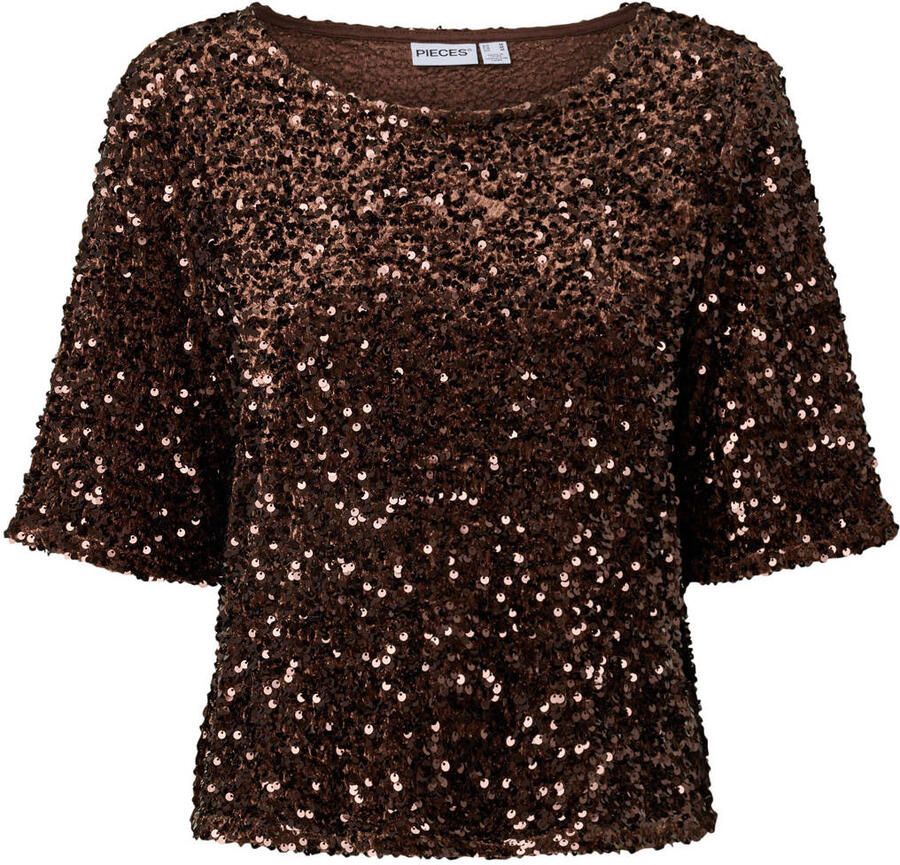 PIECES Curve Plus Size top met pailletten donkerbruin