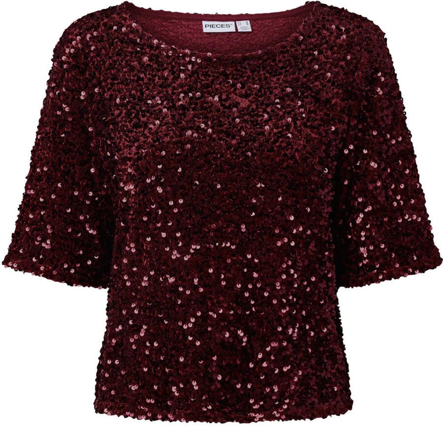 PIECES Curve Plus Size top met pailletten donkerrood