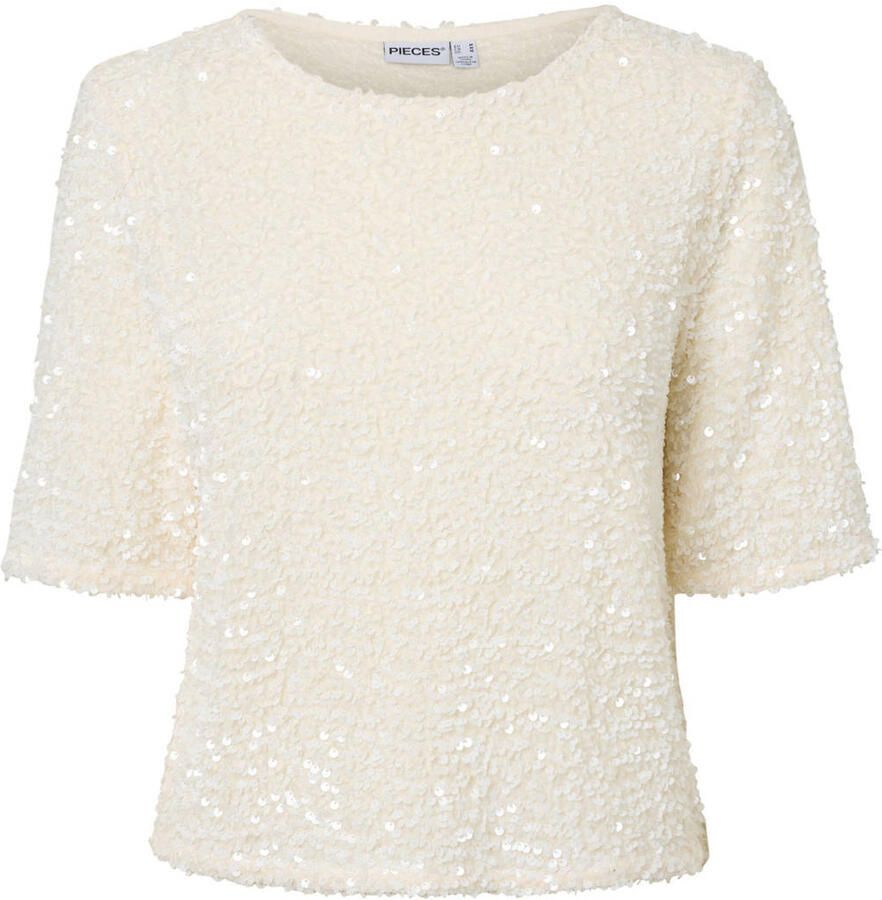 PIECES Curve Plus Size top met pailletten ecru