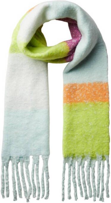 PIECES geruite sjaal met franjes PCJANICE lichtblauw groen oranje
