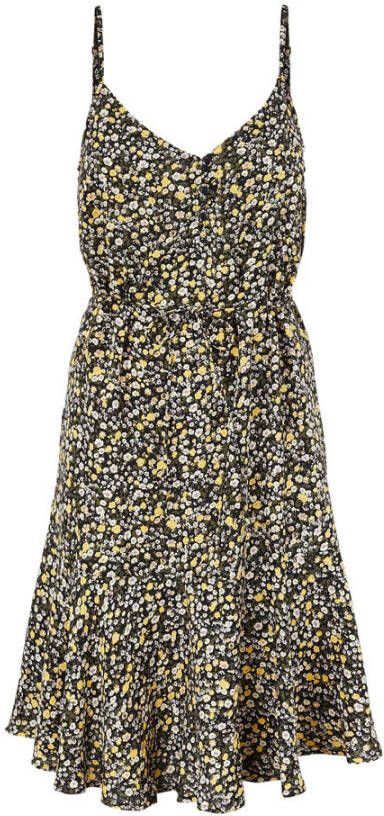 PIECES jurk PCNYA met bloemenprint en volant zwart geel