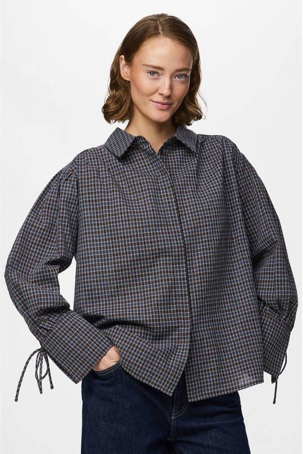 PIECES geruite blouse donkerblauw