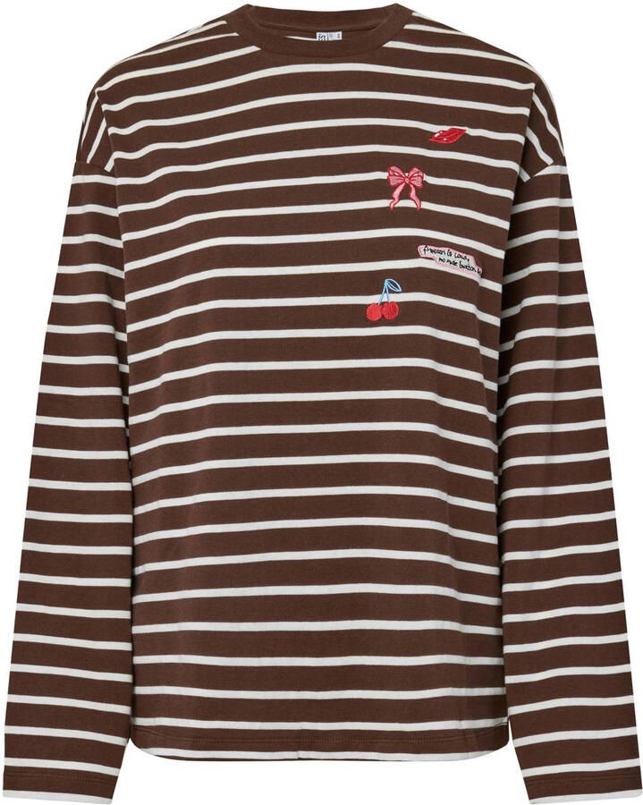 PIECES gestreept T-shirt met patches donkerbruin