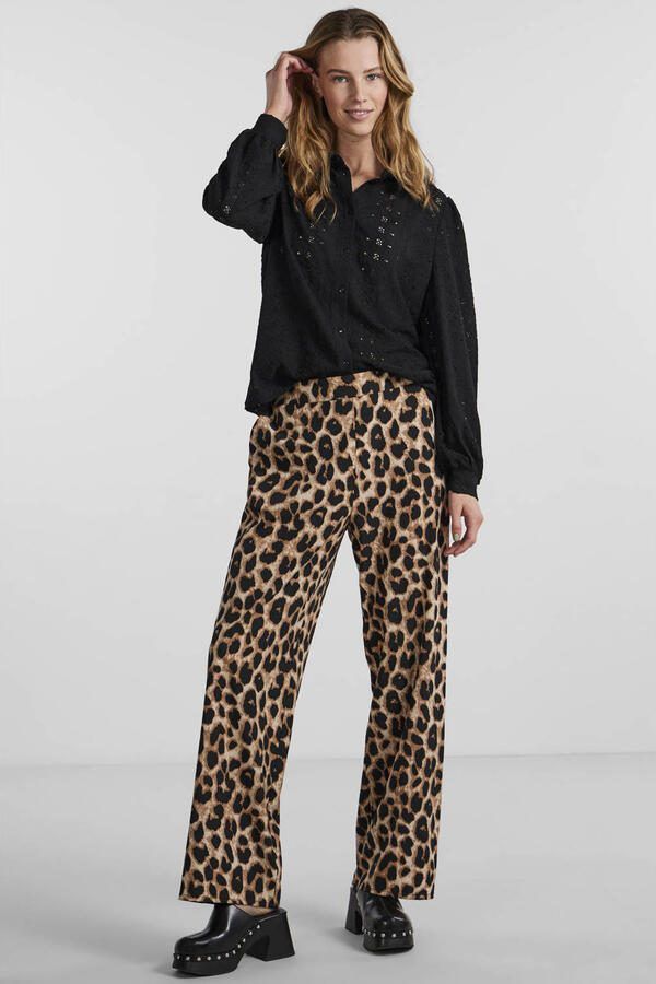 PIECES high waist wide leg pantalon met dierenprint zwart beige - Foto 3
