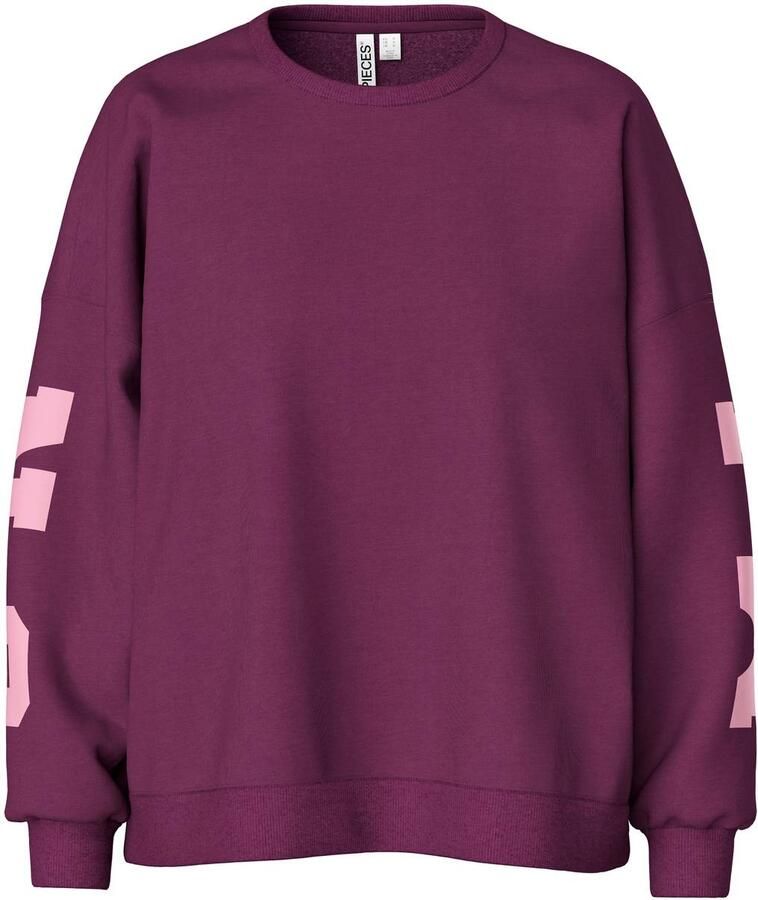 PIECES katoenen oversized sweater met tekst donkerpaars - Foto 2