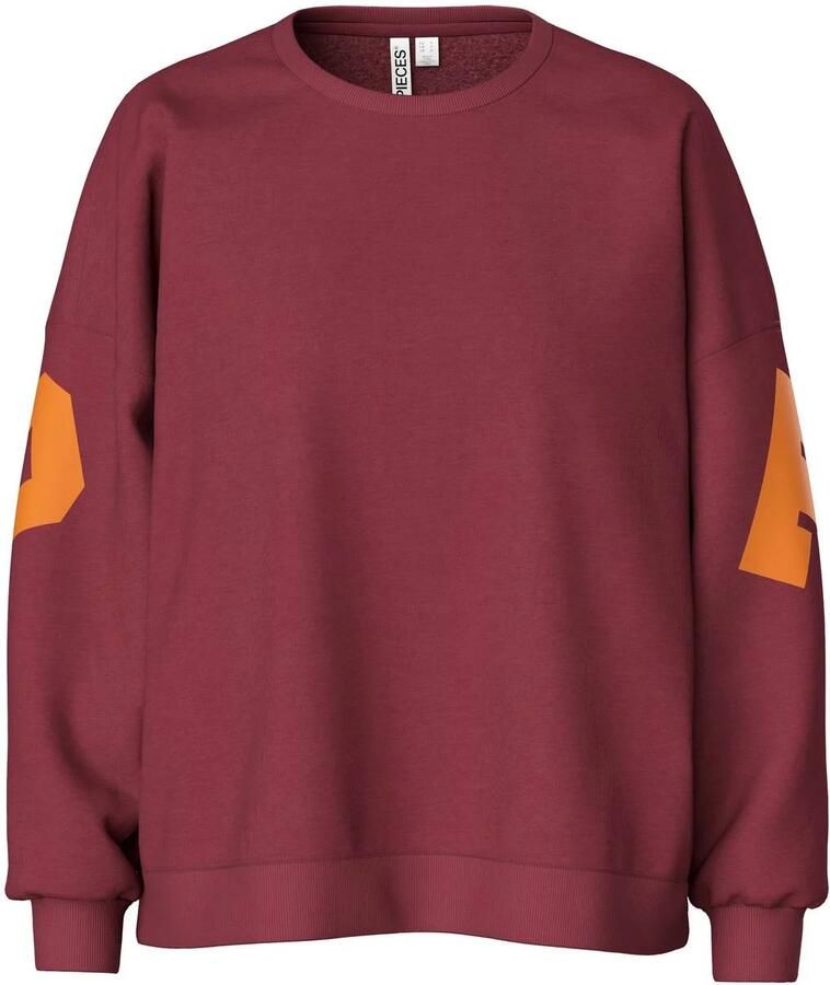 PIECES katoenen oversized sweater met tekst roodbruin