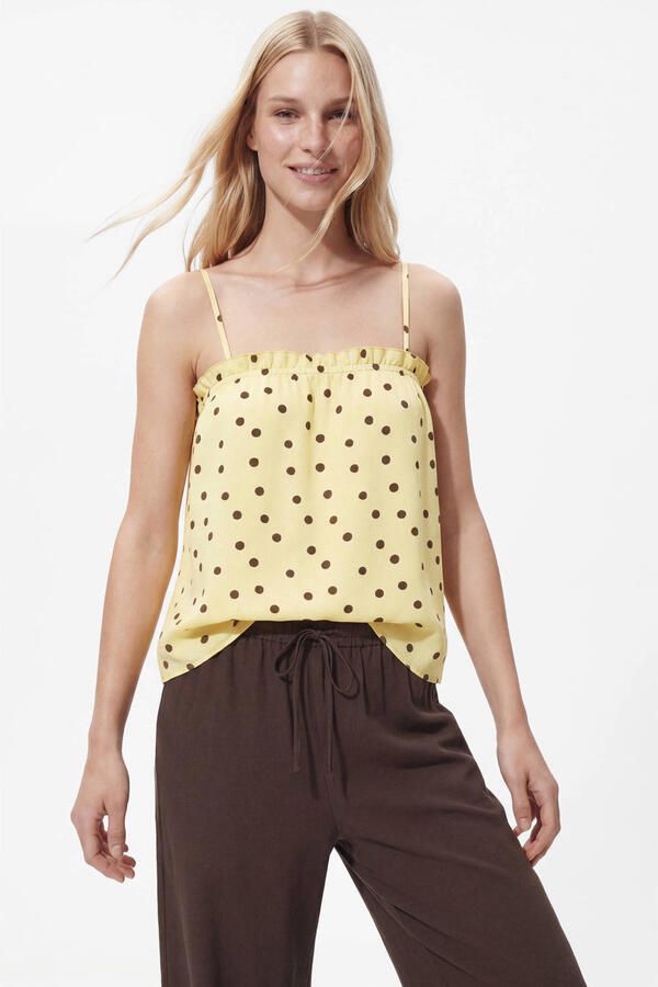 PIECES loose fit top met ruches en stippen lichtgeel