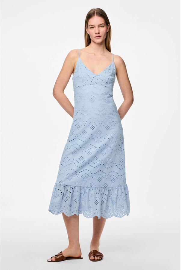 PIECES midi jurk broderie lichtblauw