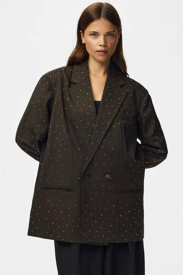 PIECES oversized gestreepte blazer met strass-steentjes donkerbruin