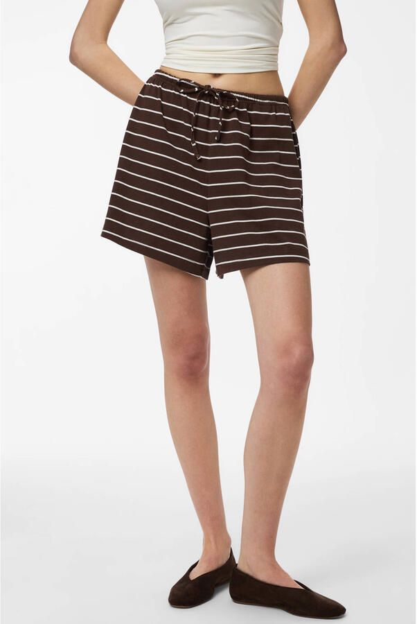 PIECES regular waist gestreepte casual short bruin