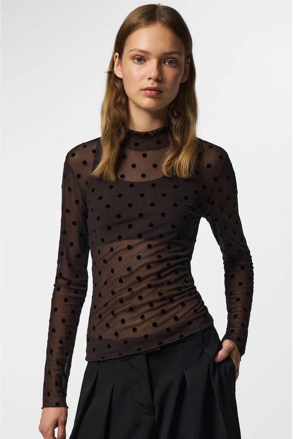 PIECES semi-transparante top met stippen donkerbruin