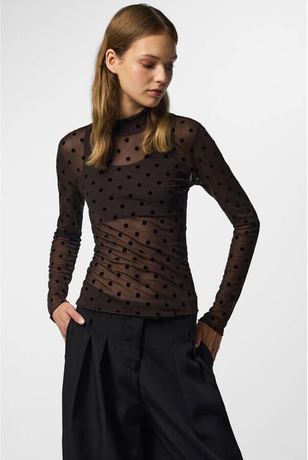 PIECES semi-transparante top met stippen donkerbruin - Foto 3