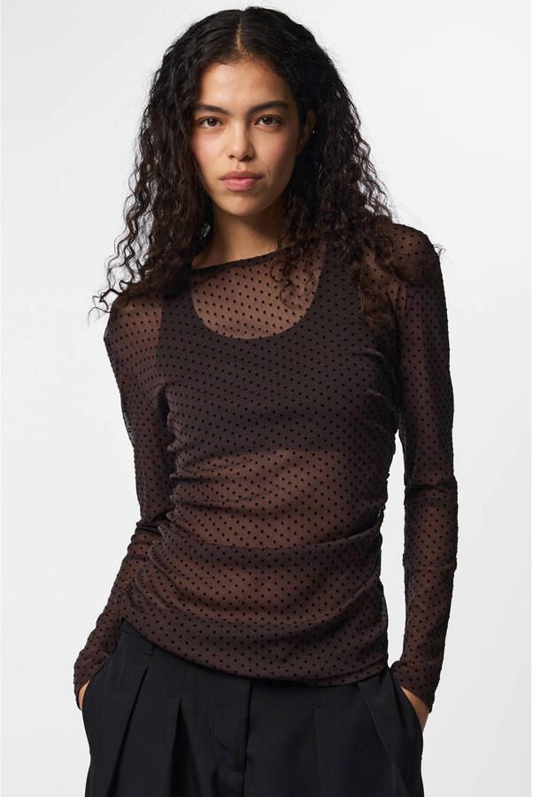 PIECES semi-transparante top met stippen donkerbruin