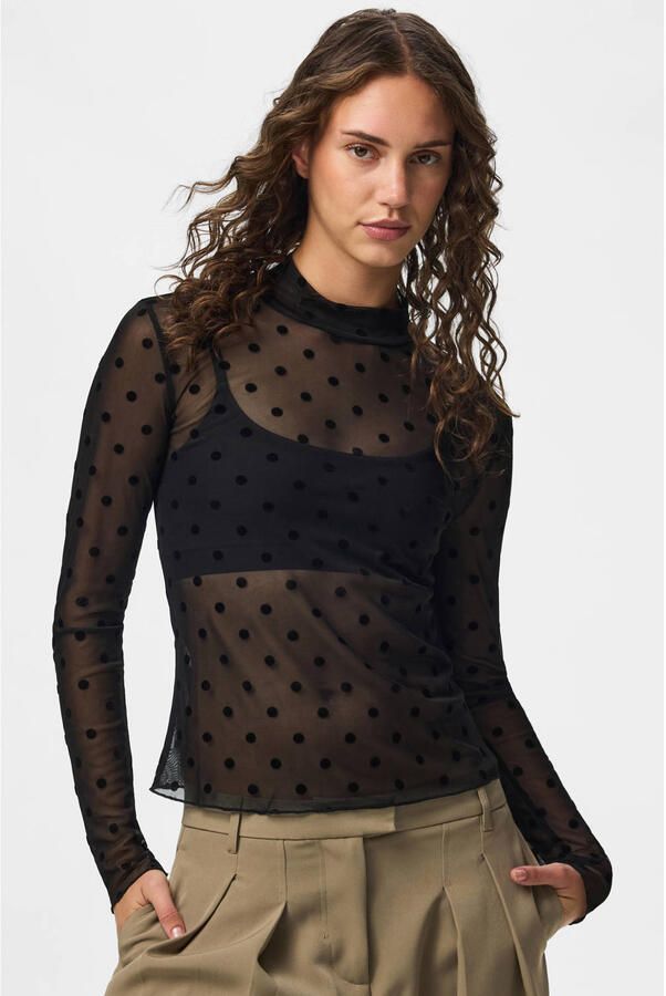PIECES semi-transparante top met stippen zwart