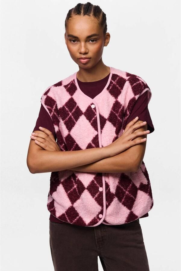 PIECES teddy geruit gilet lichtroze