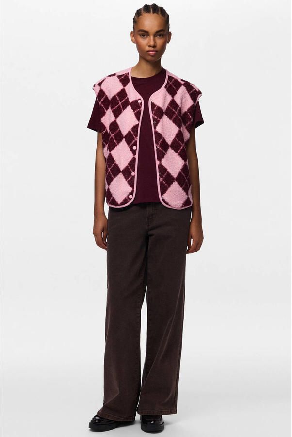 PIECES teddy geruit gilet lichtroze - Foto 2