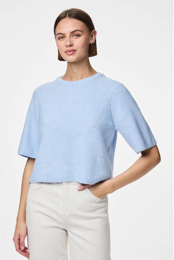 Pieces T-shirt in boxy fit van ribbreisel met wolgehalte model 'SILLY'