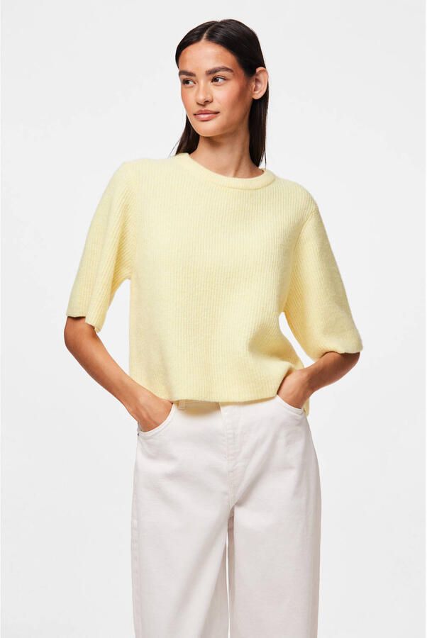 Pieces T-shirt in boxy fit van ribbreisel met wolgehalte model 'SILLY'
