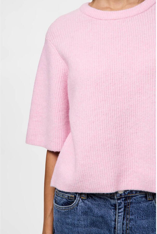 Pieces T-shirt in boxy fit van ribbreisel met wolgehalte model 'SILLY'