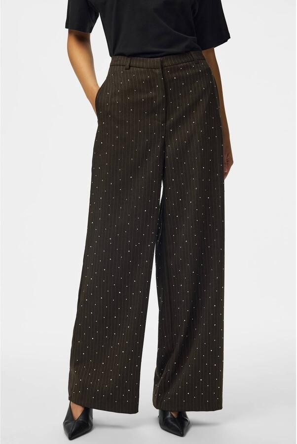 PIECES wide leg gestreepte broek met strass-steentjes donkerbruin