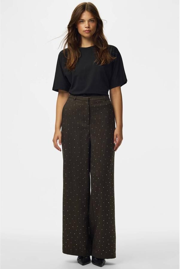 PIECES wide leg gestreepte broek met strass-steentjes donkerbruin - Foto 2