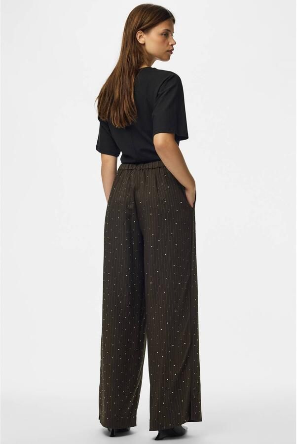 PIECES wide leg gestreepte broek met strass-steentjes donkerbruin - Foto 3