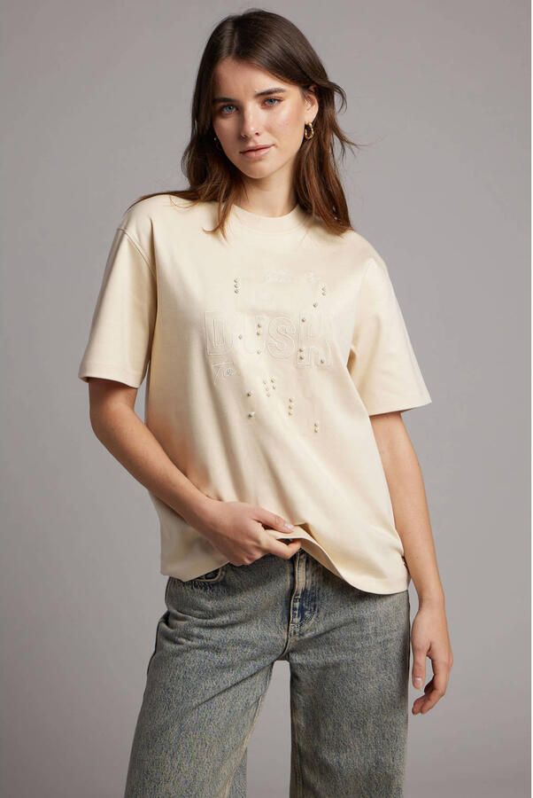 Pink Noir T-shirt crème met parels