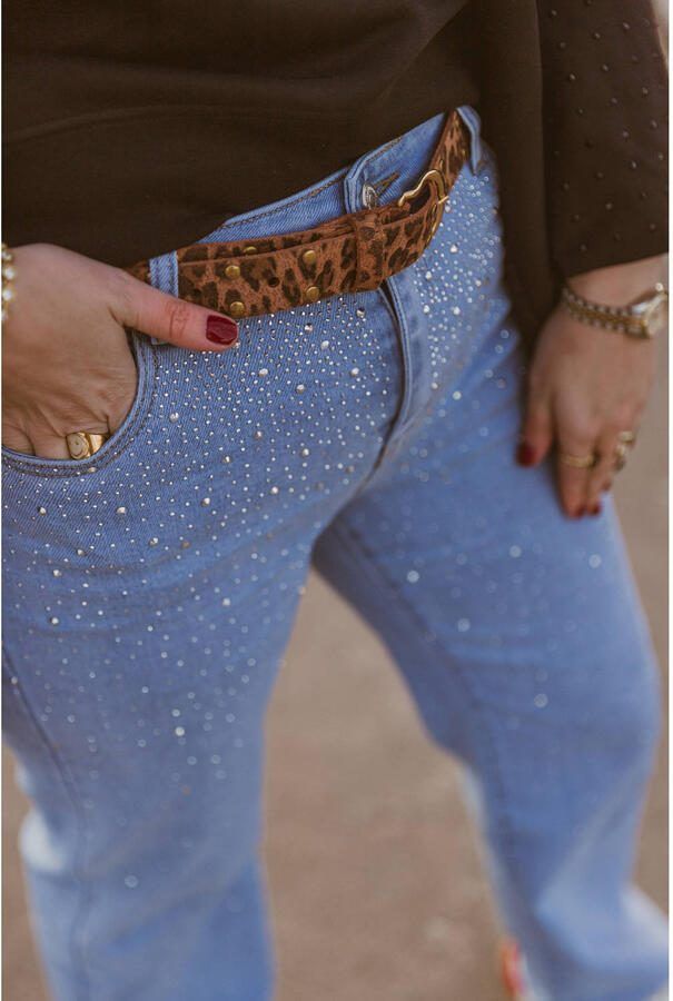 Pinned by K leren riem met panterprint en studs bruin - Foto 2