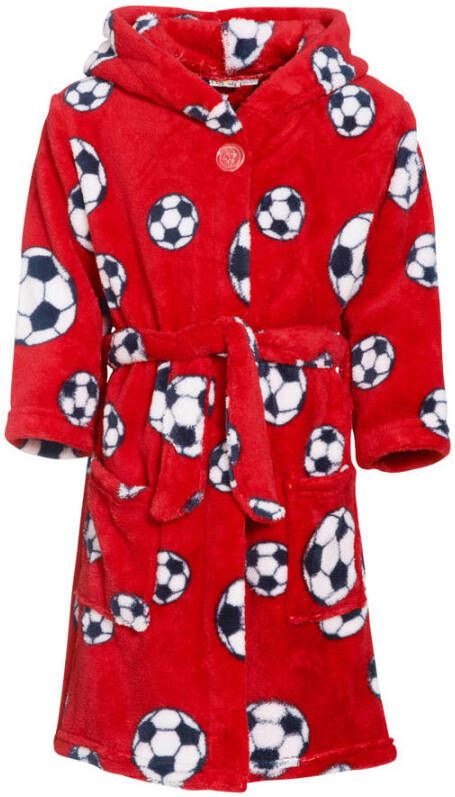 Playshoes fleece badjas Socces met voetbal dessin rood All over print 110 116