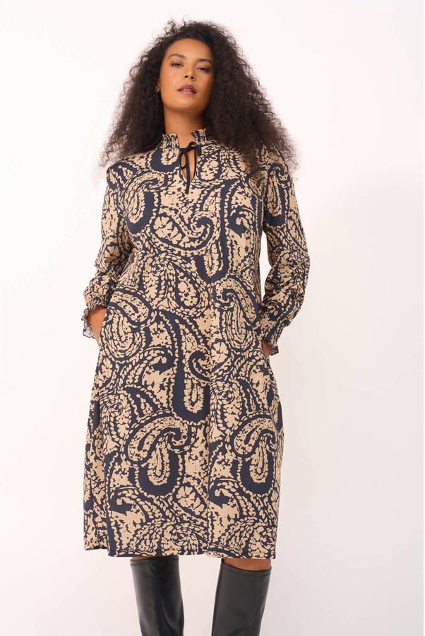 Plus Basics Plus Size A-lijn jurk met smockwerk en print donkerblauw beige