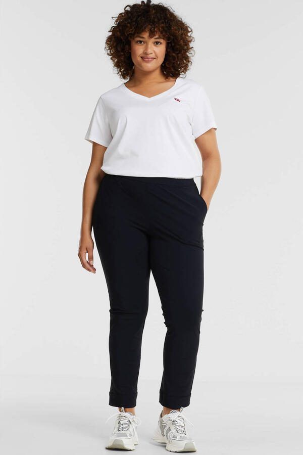 Plus Basics slim fit broek van travelstof donkerblauw - Foto 3