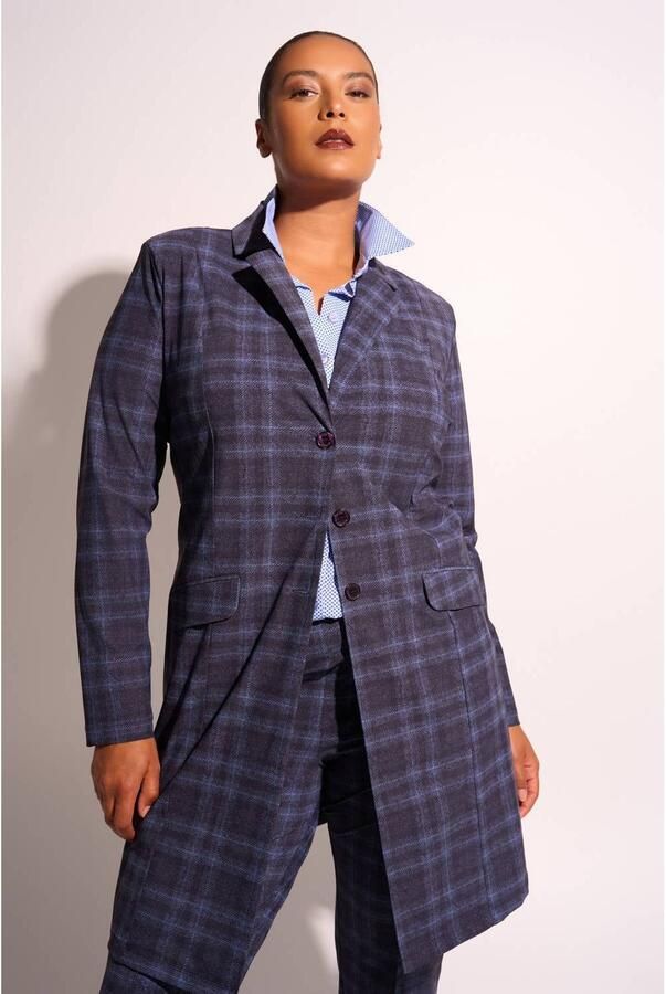 Plus Basics travelstof regular fit geruite blazer donkerblauw