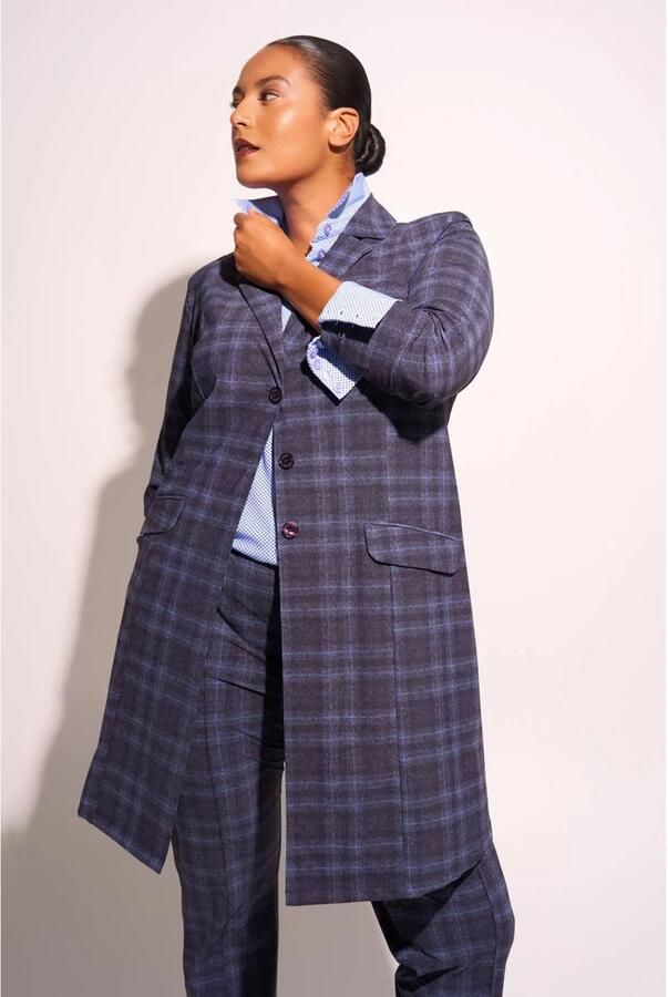 Plus Basics travelstof regular fit geruite blazer donkerblauw - Foto 3