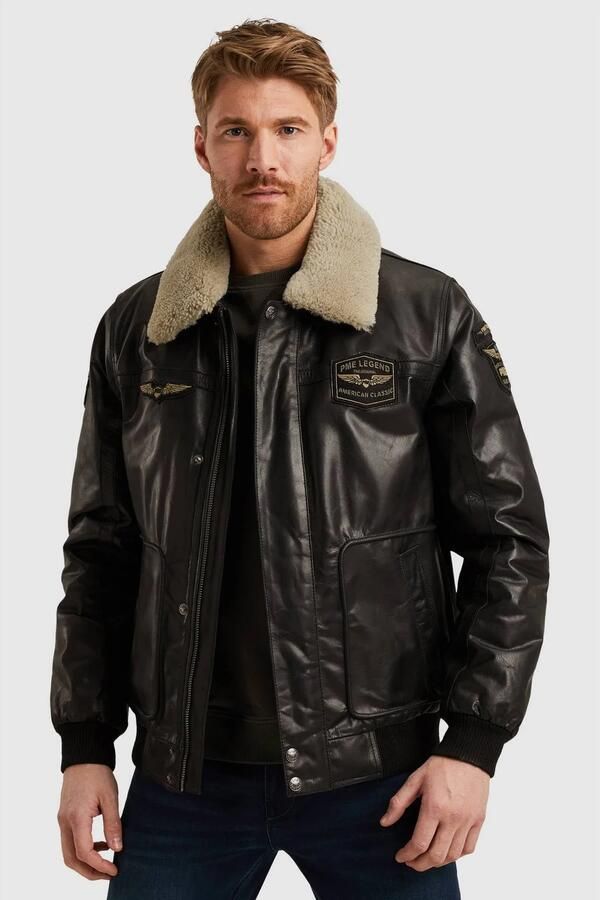 PME Legend HUDSON leren bomberjack met teddy details pirate black
