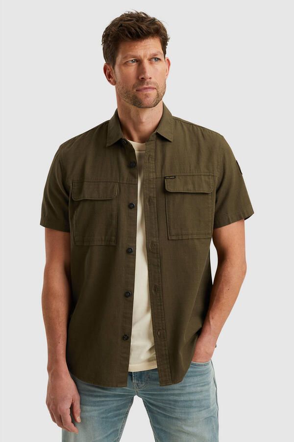 PME LEGEND Heren Overhemden Short Sleeve Shirt Slub Cotton Donkergroen - Foto 7