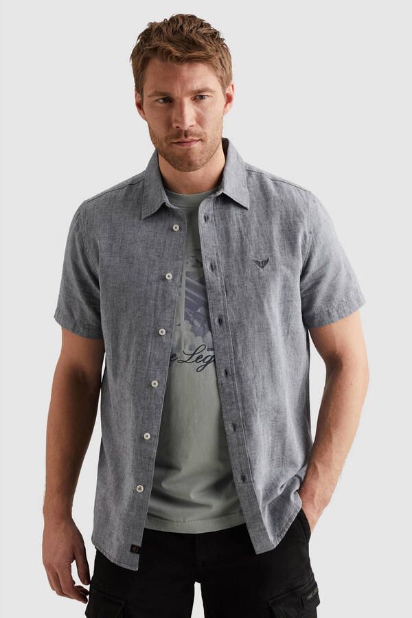 PME Legend regular casual overhemd met linnen blauw