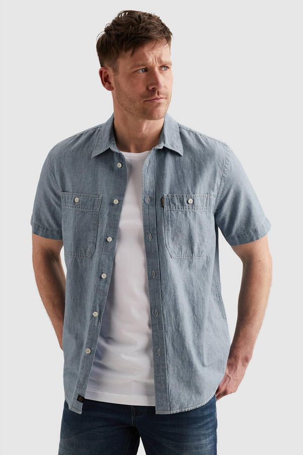 PME Legend Short Sleeve Overhemd Coton Linnen Chambray Indigo