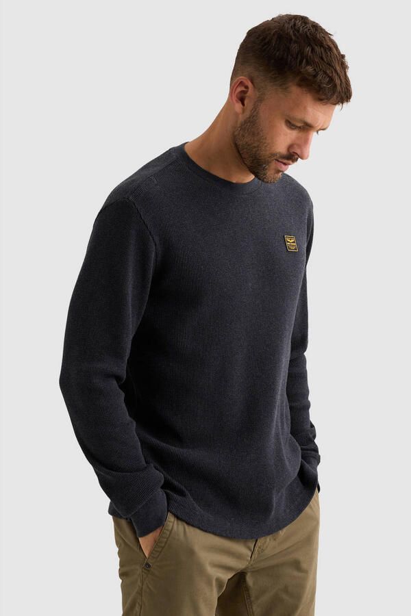PME Legend regular fit longsleeve met wafelstructuur donkerblauw