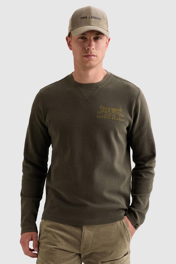 PME Legend regular fit longsleeve met wafelstructuur en print donkergroen
