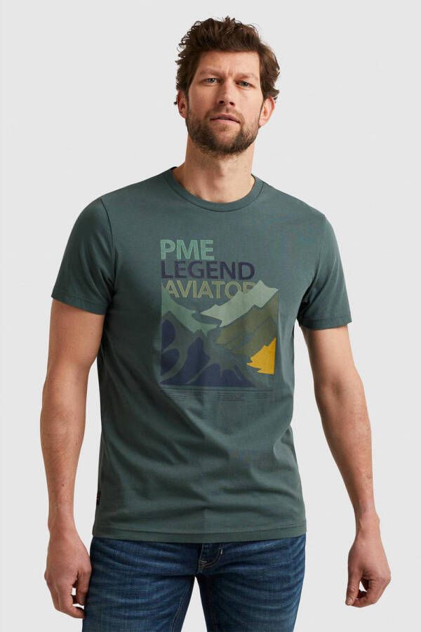 PME Legend regular fit T-shirt met printopdruk grijsgroen